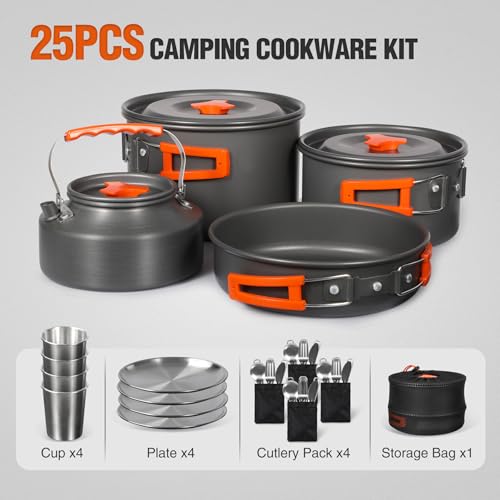 REDCAMP 6/10/11/12/14/15/19 PCS Camping Cookware Mess Kit Camping Gear Campfire Utensils Lightweight Stackable Pot Pan Bowls Soup Spoon with Storage Bag for Camping, Backpacking, Outdoor Cooking - style: Orange,25 Pcs W/Kettle