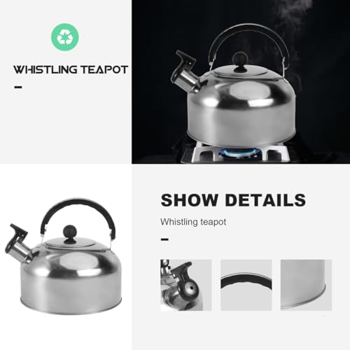 PRETYZOOM Stainless Steel Tea Kettle for Stove Top and Induction 2L Whistling Water Kettle with Flat Bottom Ergonomic Handle Fast Heating for Home Camping Brewing