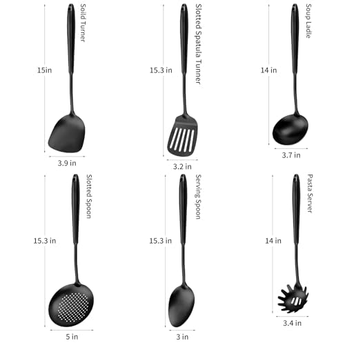 304 Stainless Steel Cooking Utensils,6 Pcs Kitchen Cooking Utensils Set with Spatula, Solid Spoon, Ladle, Skimmer, Spaghetti Spoon,Dishwasher Safe(Black) - color: Black, size: 6 PCS