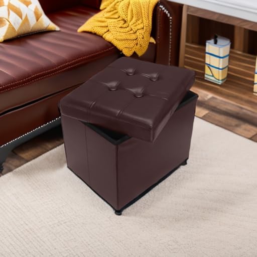 AmasSmile Ottoman with Storage,17" Folding Leather Foot Rest Chest,Brown - color: Brown 1 Pack, size: 17"*13"*13"inch