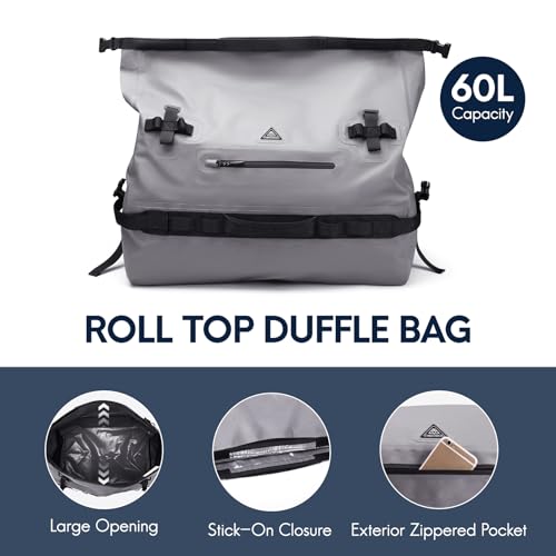 Haimont IPX7 Waterproof Roll-Top Dry Duffel Backpack | 60L/90L Sizes, 500D Tarpaulin, Welded Seams, Mesh Pockets, Boating & Kayaking - color: Light Gray, size: 60L