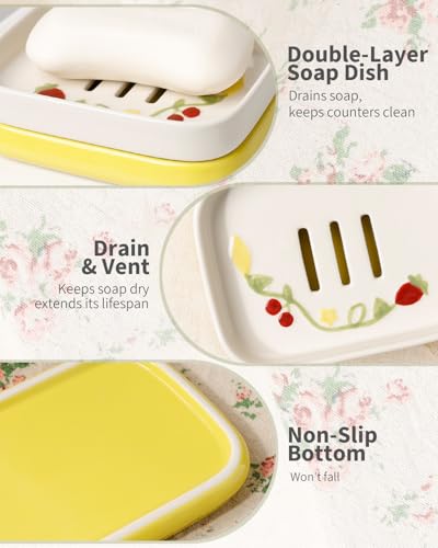 Ceramic Soap Dish, Handpainted Farmhouse Self Draining Soap Holder, Double Layer Bar Soap Holder with Floral Design, Decorative Soap Dish for Bathroom Shower Kitchen Sink, Keeps Soap Dry, ANTIS'S HOME - color: Yellow