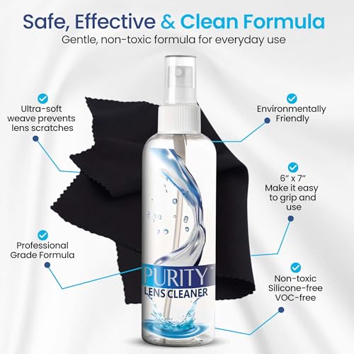 Purity Eyeglass Lens Cleaner Kit - 2 x 8oz and 1 x 2oz Lens Cleaner Spray Bottle + 2 Microfiber Cleaning Cloths - Safe for All Lenses (AR Coated Included), Eyeglasses and Screens - Clear - style: 5 Piece Set - 2 (8oz + 1 (2 Oz Lens Spray)) + 2 (Microfiber