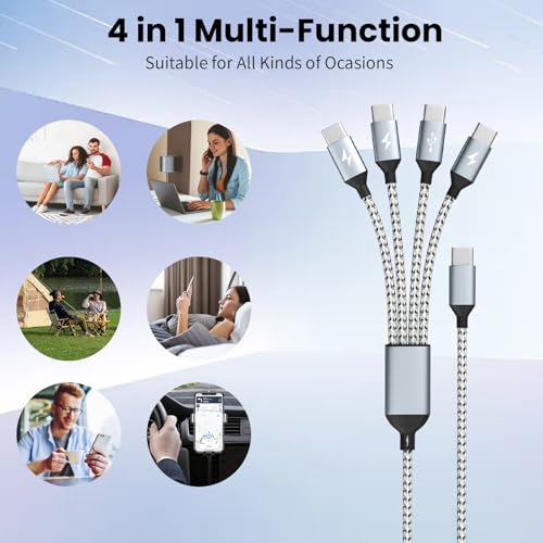 USBC to USBC Cable, 4 in 1 USB C Multi Charging Cable for Multiple Devices | USB C Input with 4*USB C Ports, Nylon Braided Phone Charger for Multiple Devices, Travel Essentials - color: Graywhite, size: 1Pack5FT