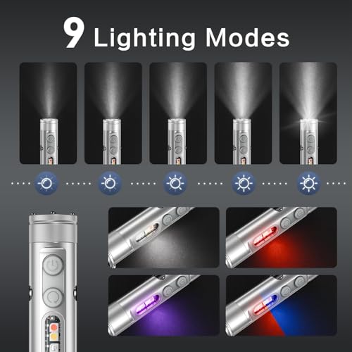 [No Igniter] K2 Mini Keychain Flashlight,Rechargeable 5-in-1 EDC Pocket Torch with COB Light, UV, Red Light, Magnetic Base & Window Breaker, Compact Survival Tool for Camping, Car, Travel & Gift - color: Silver