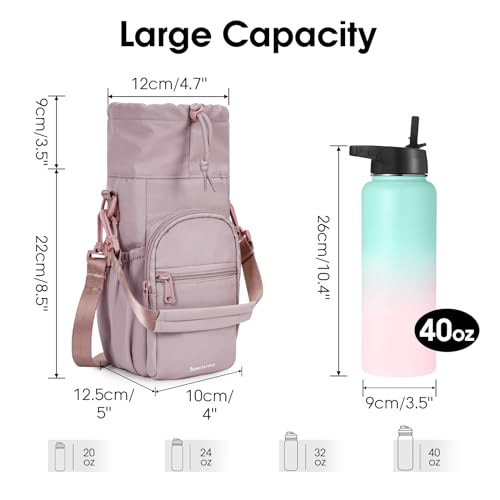 sportsnew 40oz Insulated Crossbody Water Bottle Bag Gym Hiking Phone Pocket | Water-resistant Lining, Padded Strap, Top Handle, Drawstring, Phone Pocket, Elastic Slots, Built-In Key Clip for Gym Walking - color: Pink