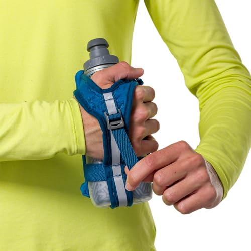 Nathan SpeedDraw 2 Insulated Handheld Running Water Bottle Flask – Double-Wall Insulation, Ergonomic Grip, Blast Valve Cap, Phone & Key Storage Pockets, Reflective Design, 12oz Insulated - Deep Blue - color: 12oz Insulated - Deep Blue