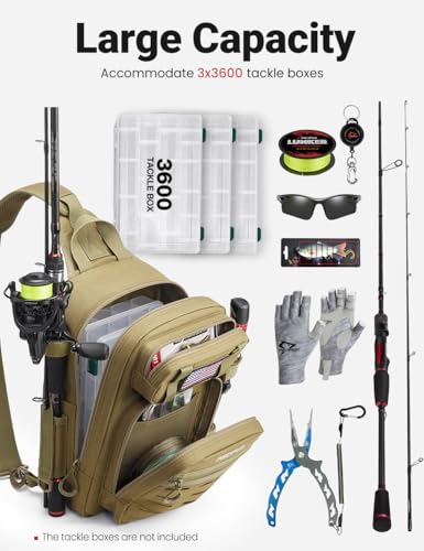 Piscifun Fishing Backpack Tackle Bag with 2 Rod Holders, Multi-Compartment Storage, MOLLE System, Water-Resistant Lightweight Outdoor Pack,Single Shoulder Black Camouflage Standard | Water-Resistant Lightweight Outdoor Pack, fits 3×3600 boxes, reinforced