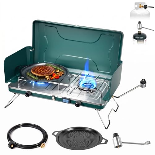 2 Burner Propane Stove, 20000BTU Portable Camping Stove with 2 Adjustable Burner and Wind Guards, Camping Cooktop with Ignition & Griddle for Camping,Tailgating, BBQ, Grilling,Outdoor Gear - color: Deep Green