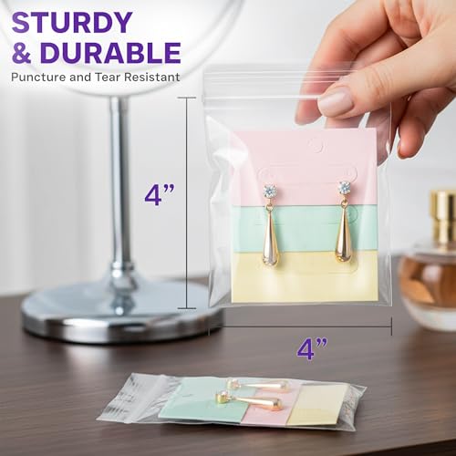 Heavy Duty Zip Seal Lock Bags, 4"x4" Extra Thick Storage Bags, 50 Pack | Small, Waterproof, Reusable Clear Poly Plastic Baggies, Resealable Zipper, for Tools, Parts, Hardware, Jewelry, Food & Snacks - size: 4"x4"