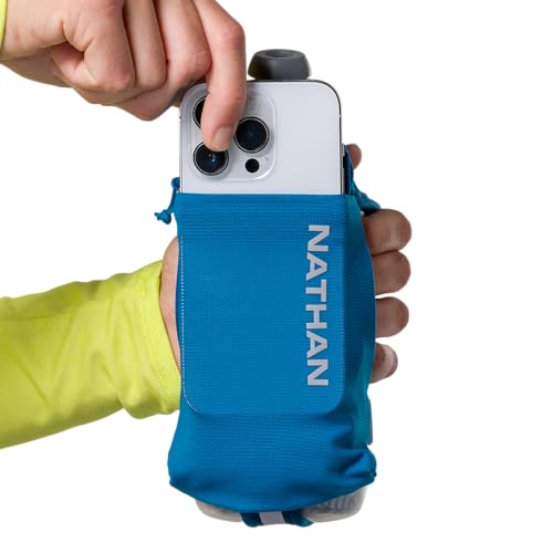 Nathan SpeedDraw 2 Insulated Handheld Running Water Bottle Flask – Double-Wall Insulation, Ergonomic Grip, Blast Valve Cap, Phone & Key Storage Pockets, Reflective Design, 12oz Insulated - Deep Blue - color: 12oz Insulated - Deep Blue
