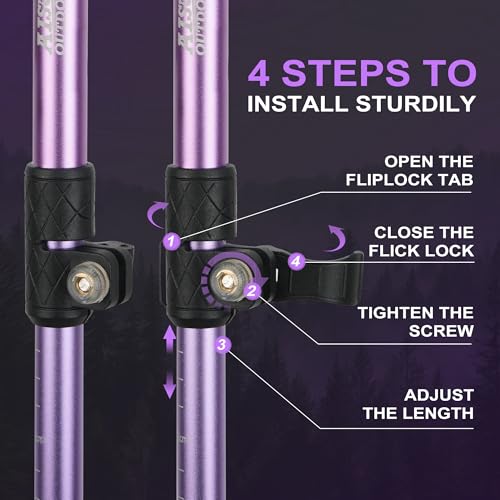 AISUNOURDOOR Lightweight Adjustable Trekking Poles, Aluminum Collapsible Travel Hiking or Walking Sticks for Women Children, with One Disposable Raincoat - color: Purple 2