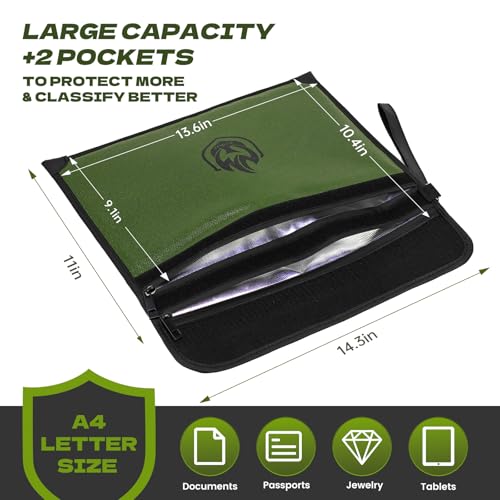 Andyer 2 Pockets Fireproof Document Bag, 6500°F Fireproof Money Bag for Cash | 10-Layer Waterproof Document Pouch with Reflective Strip, Heat Insulated Fireproof Envelope Fire Safe Bag for Home Emergency - color: Green