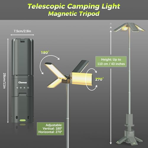 Clemas Telescopic Camping Lights with Remote Control,14000 mAh Rechargeable,6000LM Led Lanterns with Memory Function, Dimmable Magnetic Job Work Light,Tent Lamp,Portable Power Supply IPX5 (Space Gray) - color: 3.6Ft Space Gray