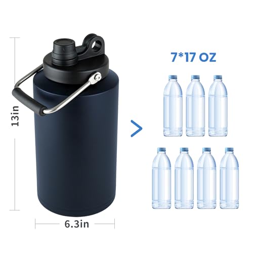 1 Gallon Water Bottle Insulated Stainless Steel Keeps Ice 48Hr, Large Water Gallon Jug Wide Mouth Leakproof Vacuum for Gym, Camping, & Construction Navy Blue (with Straw) - color: Navy Blue (with Straw)