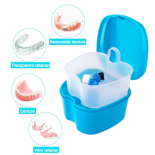 Keedolla Denture Cup Orthodontic Retainer Case, Denture Bath Box Dental Mouthguard Case Cleaning with Brush, Strainer Basket and Lid Waterproof - Blue - color: Blue
