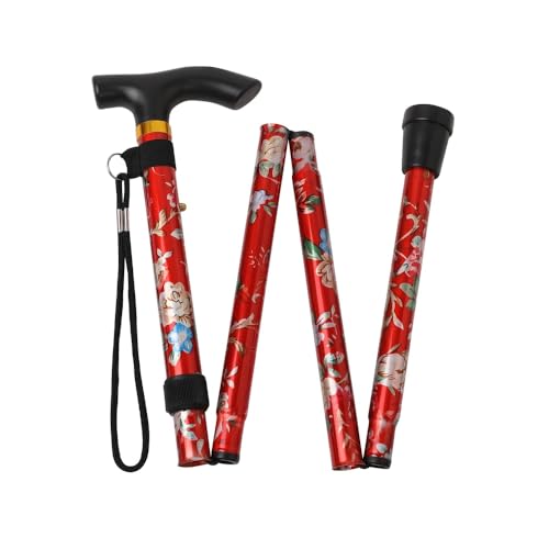 Folding Lightweight Walking Stick - Adjustable Aluminum Metal Collapsible Travel Cane with Non-Slip Rubber Base - color: Red Floral