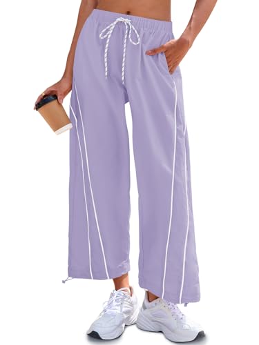Fisoew Womens Baggy Wide Leg Casual Elastic Waist Cropped Pants - color: Violet, size: Small
