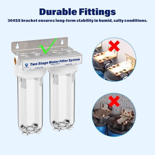 Dual Stage RV Water Filter System, Camper Water Filter, Inline Filtration for RVs, Boats, Motorhomes, Marine & Garden, with 304 SS Mounting Bracket & 3/4" GHT Garden Hose Fitting, Includes PP & CTO - size: 1025DWC_2