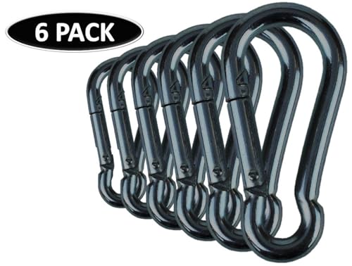 Black & Silver Zinc-Galvanized Heavy Duty Bushcraft Carabiner Spring Snap Clip Link Hooks 200-500lb Load 2, 6 & 12 Packs - color: 8cm (3.15in) Black 6 Pack