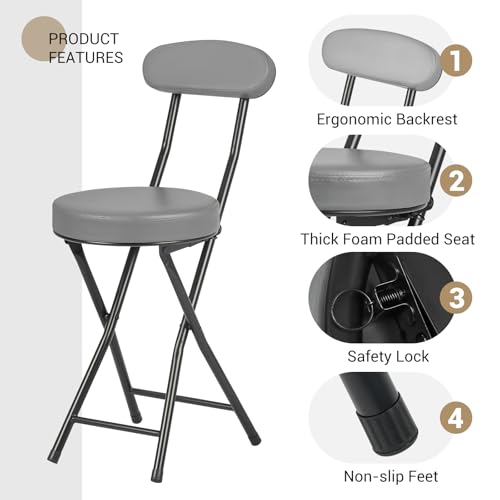 Folding Bar Stool Collapsible - 19 Inch with Backrest 2 Pack Grey - color: Grey-set of 2-19.2inch