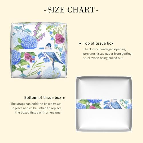 Leather Tissue Box Holder Bird with Blue Hydrangea Tissue Box Cover Square Waterproof Tissue Holder Organizer Modern Napkin Holder for Bedroom Dresser Night Stand Office Desk - color: Bird With Blue Hydrangea