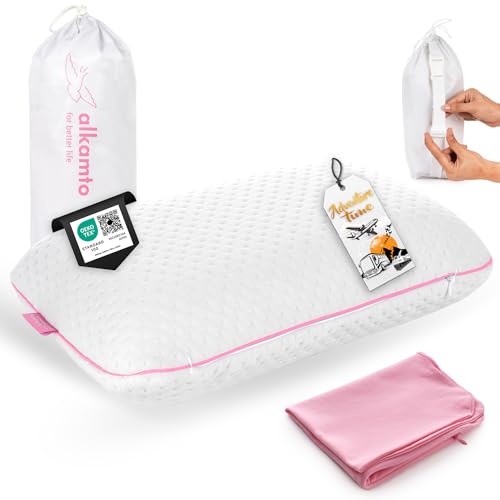 alkamto Travel & Camping Comfortable Memory Foam Pillow – Easy to Carry Portable Bag – Temperature Regulating Pillow Case (Pink + Extra Cover) - size: Pink Travel + Extra Cover