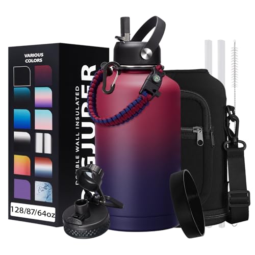 64OZ Vacuum Insulated Water Bottle - Keep Hot Cold Vacuum Flasks with Straw & Spout Lids, Paracord Handle, Water Bottler Carrier Holder & Protective Cup Mat, 1.8L Stainless Steel Water Jug - color: Rose Purple Gradient, size: 64 Ounces