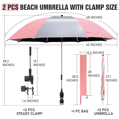 2 Pack Beach Umbrella with 360 Universal Clamp, UPF50+ Umbrella Outdoor Patio Sun Protection for Chairs, Beach &Patio Use (Not Include Chair) - color: Pink/Silvery
