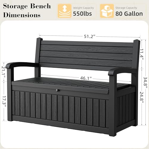 80 Gallon Outdoor Storage Bench, Deck Boxes 0utdoor Waterproof, Porch Bench Doubles as 2-Person Seat, Resin Stripes Deck Box for Cushions - color: Black