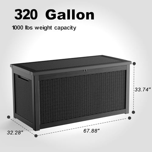 PatioZen 320 Gallon Resin Deck Box, Lockable Weatherproof Outdoor Storage Box for Furniture, Garden Tools and Tools Storage, Waterproof Outside Storage Boxes - Black - color: Black, size: 320 Gallon