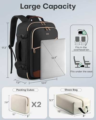 HOTOR Travel Backpack Women, 3 Packing Cubes Carry on Luggage - color: Black, size: 17.3" x 13.0" x 7.9"