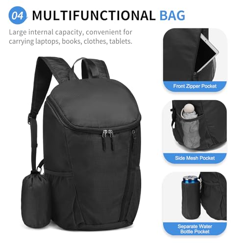 Hiking Backpack 20L Foldable Daypack for Men Women Nylon Black | Packable Backpack for Men Women, Small Foldable Day Pack Waterproof for Travel Camping Mountaineering - color: Black