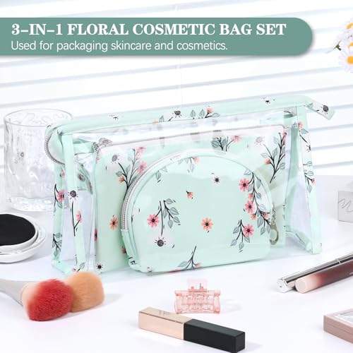 Richeart Makeup Bag, Clear Bag with Zipper, 3PC Floral Flowers Makeup Pouch, Waterproof Small Pouch, Portable Travel Toiletry Bag, B - style: B