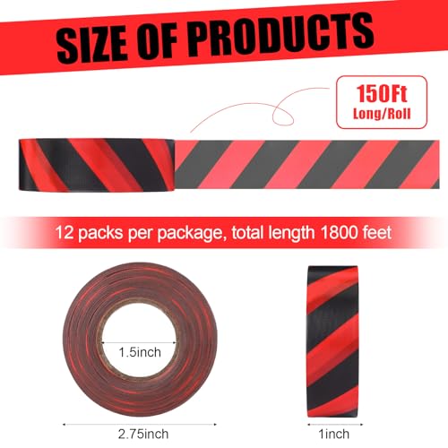 Blosssound 12 Pack Black Red Flagging Tape 1 in x 1800 ft, Non Adhesive Marking Ribbon for Hunting Trails, Hazard Areas and Event Boundaries - color: Black Red