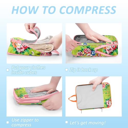 7 Piece Travel Compression Packing Cubes - Gingham Floral | Foldable Toiletry Kit, Efficient Suitcase Packing, Carry-On Compatible Travel Essentials with Lovely Flower Print, Green - color: Black-1