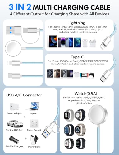 1Pack Travel Essentials for Apple Watch Charger,3-in-2 Multi Charging Cable | Cruise Vacation Camping Essentials for iPhone Charger,Type C/Lightning for iWatch,iPhone 17-12,Xbox Series X&S-5FT Blue - color: Blue, size: 1Pack-5 FT