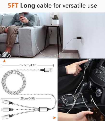 Multi Charging Cable, 5ft 3Pack Multi Charger Cable Nylon Braided Multiple USB Universal 3 in 1 Charging Cord Adapter with Type-C, Micro USB Port Connectors for Cell Phones and More (Pack of 2) - size: 5ft (Pack of 2)