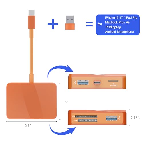SD Card Reader, 5 in 1 USB-C & USB Card Adapter with SD/MicroSD/MS and Dual USB-A Ports Memory Card Reader for iPhone 17/16/15 Pro Max iPad MacBook Pro/Air M4/M3 Android Phone/Tablet PC (Orange) - color: Orange
