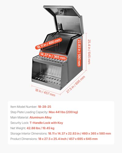 VEVOR Semi-Truck Step Tool Box, 18" x 27.5" x 25.4" Heavy Duty Aluminum Toolbox Side Mount, Waterproof Side Storage Saddle Step Box with T-Handle Lock & Keys for Semi Trucks, Flatbed Trailers - size: 18 x 27.5 x 25.4 inch
