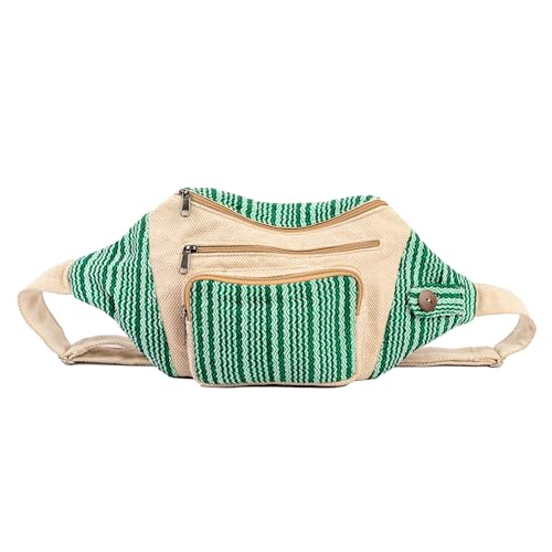 Freakmandu Eco-Friendly Boho Hippie Style Hemp Fanny Pack White Hip Waist Bag for Hiking Running Jogging - color: Green Stripe