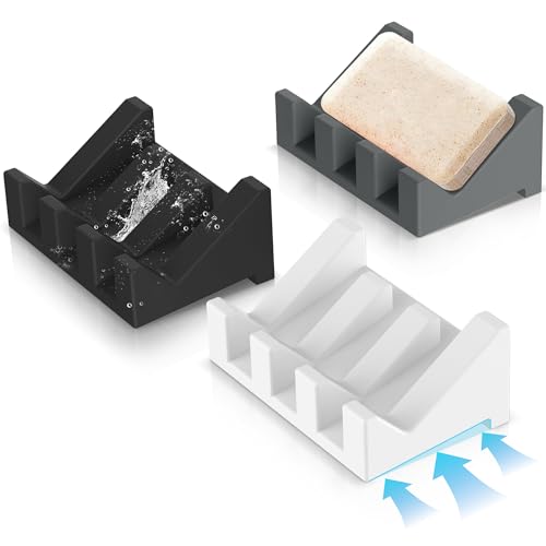 Silicone Soap Dish Set,3PCS Self Draining Soap Holder for Shower | Self draining silicone soap dish with drainage,waterfall design keeps bar soap dry,extended soap holder for shower,bathroom - color: 1gray,1black,1white