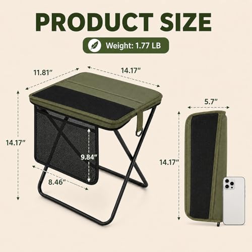 Portable Folding Stool for Adults, Foldable Backpack Stool with Shoulder Strap, 1.77 lb Lightweight Camping Stool with Side Pocket, Travel Seat for Fishing, Hiking, Gardening, Festivals, Green, 1 Pack