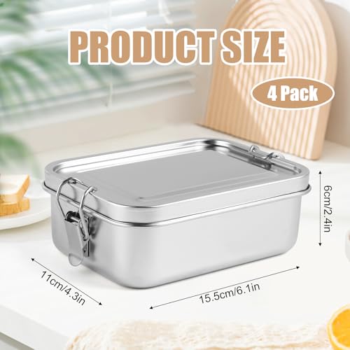 4 Pcs Stainless Steel Bento Box, Metal Lunch Box, Food Storage Containers with Lockable Clips to Leak Proof, Reusable Metal Lunch Snack Boxes for Work, Picnic, Camping, Dishwasher Safe(850ml)