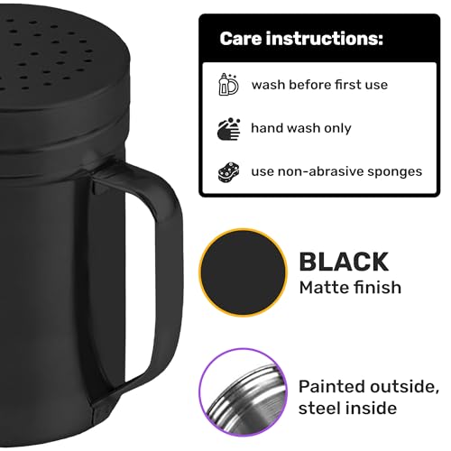 CUSINIUM 14oz Black Stainless Steel Salt Pepper Dredge Shakers - With Plastic Cap - With Handle - Pack of 2 - color: Black, size: 14 Oz