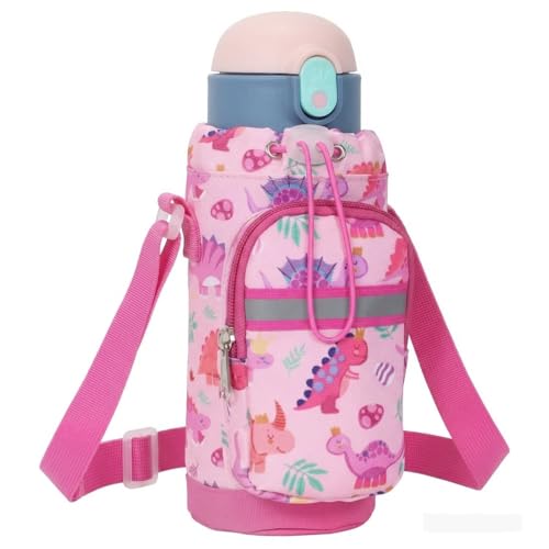 Water Bottle Holder for Kids - Water Bottle Carrier with Strap - color: 1-Pink Dinosuar