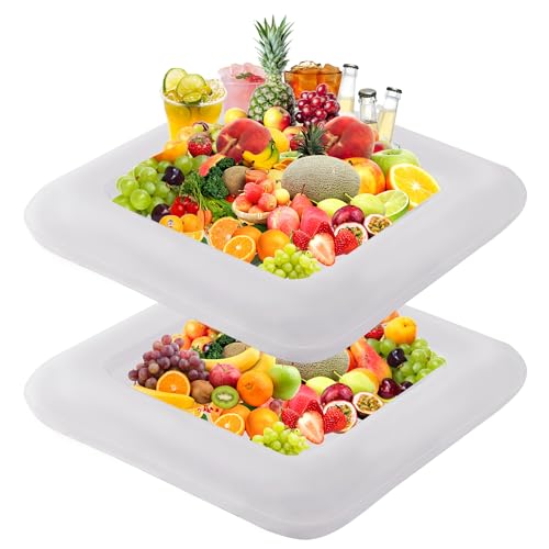 RAYMEA Inflatable Ice Serving Bar 2 PCS, Portable Salad Ice Tray Food Drink Pool Containers Inflatable Cooler for Summer Parties, BBQ, Graduation, Camping or Picnic (24 Inch White)