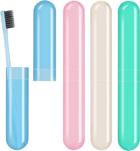 4-Pack Travel Toothbrush Holder Case, Portable Holder, Blue, Green, Pink, Beige, for Camping, School, Bathroom