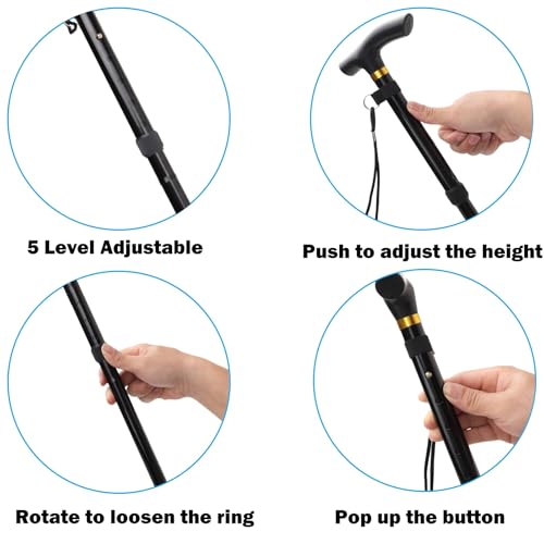 Folding Lightweight Walking Stick - Adjustable Aluminum Metal Collapsible Travel Cane with Non-Slip Rubber Base - color: Red