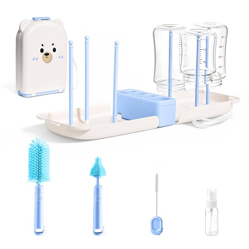LEQXGO Travel Baby Bottle Cleaner Kit with Storage Case, 7-in-1 Baby Bottle Brush Set with Drying Rack for Breast Pump Parts, Bottle Washing Kit - Baby Travel Essential for Flying & On-the-Go (Blue) - color: Blue